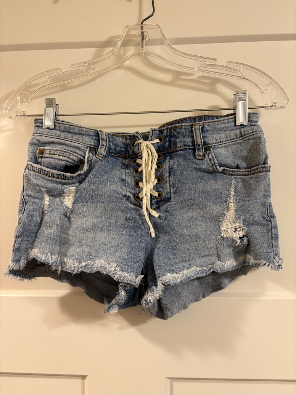 Billabong Light Blue Lace-Up Distressed Denim Shorts - Women